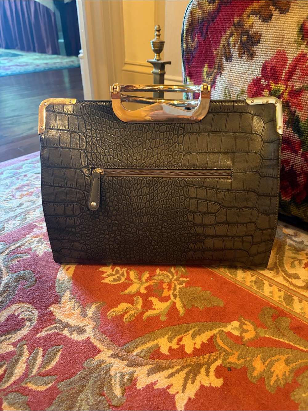 Croc-Embossed Black Top-Handle Satchel with Gold Hardware: Never Used
